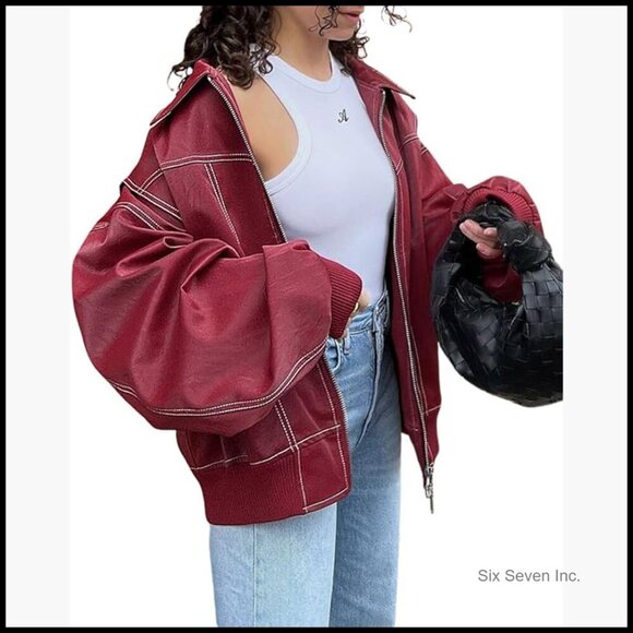 Jackets & Blazers - Faux Leather Motorcycle Jacket Oversized Zip Up Winter Coat Outerwear